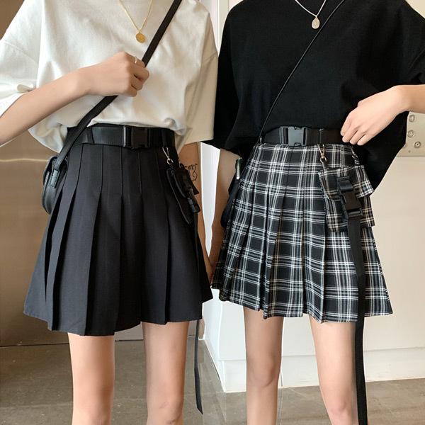 ミニスカート プリーツスカート ベルト付き ポケット付属 黒
