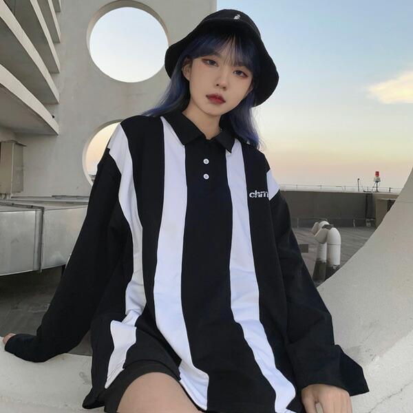 ストライプ柄 ポロシャツ 長袖 トップス ワンポイント ロゴ ダンス 衣装 ヒップホップ コスチューム 韓国ファッション 大きいサイズ 個性的 服 Ccc095 韓国系ダンスウェアdecorative 通販 Yahoo ショッピング