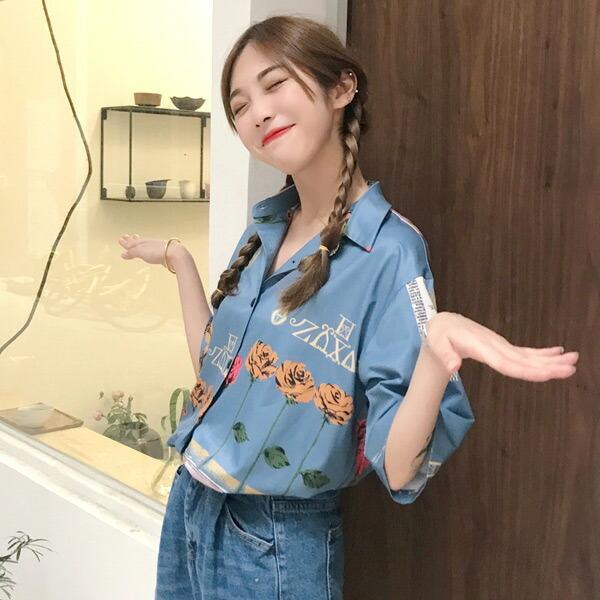 即納あり 柄シャツ ブラウス 半袖 カットソー 総柄 プリントサテン ブルー グレー 青 水色 カジュアル シャツ レディース ファッション 原宿系 韓国系 Buyee Buyee Japanese Proxy Service Buy From Japan Bot Online