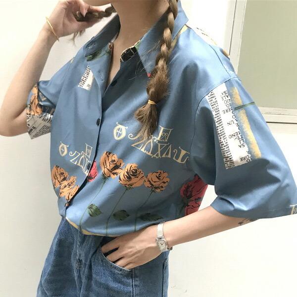 即納あり 柄シャツ ブラウス 半袖 カットソー 総柄 プリントサテン ブルー グレー 青 水色 カジュアル シャツ レディース ファッション 原宿系 韓国系 Buyee Buyee Japanese Proxy Service Buy From Japan Bot Online