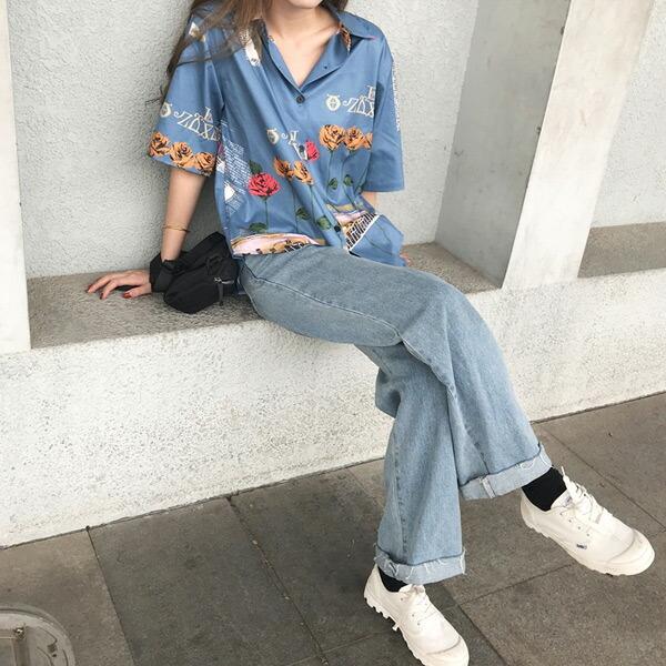 即納あり 柄シャツ ブラウス 半袖 カットソー 総柄 プリントサテン ブルー グレー 青 水色 カジュアル シャツ レディース ファッション 原宿系 韓国系 Buyee Buyee Japanese Proxy Service Buy From Japan Bot Online