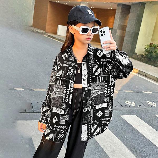 キッズ ダンス 衣装 柄シャツ シャツ ブラウス 総柄 プリント トップス 