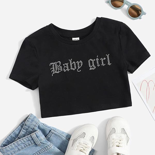キッズ ダンス 衣装 Tシャツ トップス カットソー ラインストーン ロゴ キラキラ ショート丈 ゆったり 練習着 レッスン着 子供 子ども 女の子 ヒップホップ