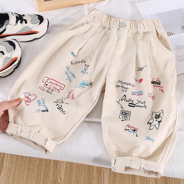 送料無料  キッズ 子供服 パンツ ズボン タックパンツ テーパード ペイント プリント 落書き イラスト アート アイボリー ナチュラル オフホワイト コットン
