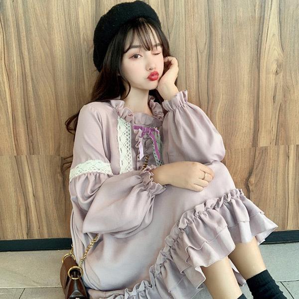 即納あり ロリータワンピース フリル リボン キャンディスリーブ 長袖 膝上丈 ダンス 衣装 韓国 ヒップホップ レディース F1a051 韓国系ダンスウェアdecorative 通販 Yahoo ショッピング