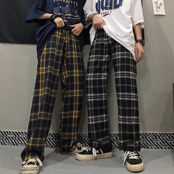 チェック柄 ワイドパンツ ハイウエスト ウエストゴム 柄パンツ ダンス