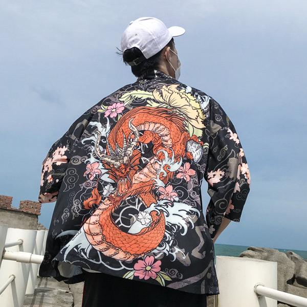 はっぴ 龍 桜 ドラゴン 竜 花 派手 黒 羽織り 法被 半纏 和柄 和風 