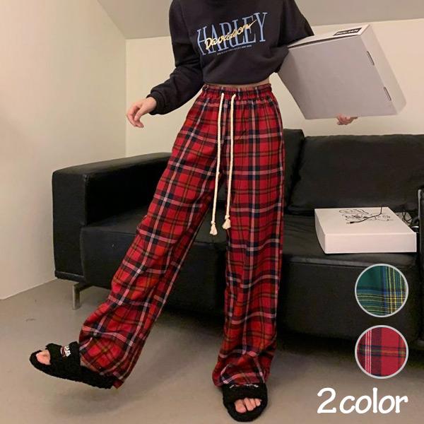 チェック柄 ワイドパンツ ドロストパンツ ハイウエスト 柄パンツ