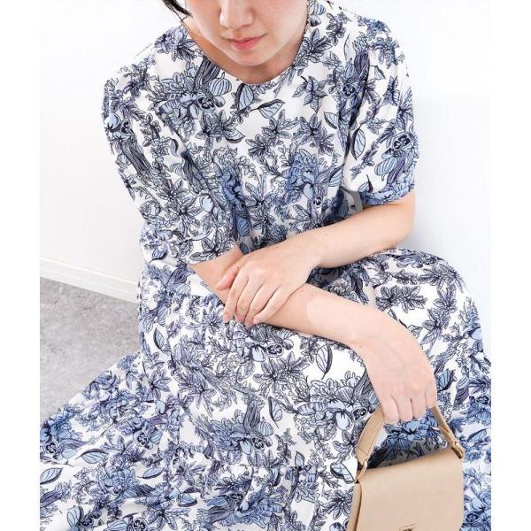 「cawaii french」ワンピース ロング ロング丈 半袖 パフスリーブ 花柄 植物柄 ボタニカル 野菜柄 総柄 プリントベジタブル ティアード ギャザー ブルー 水色