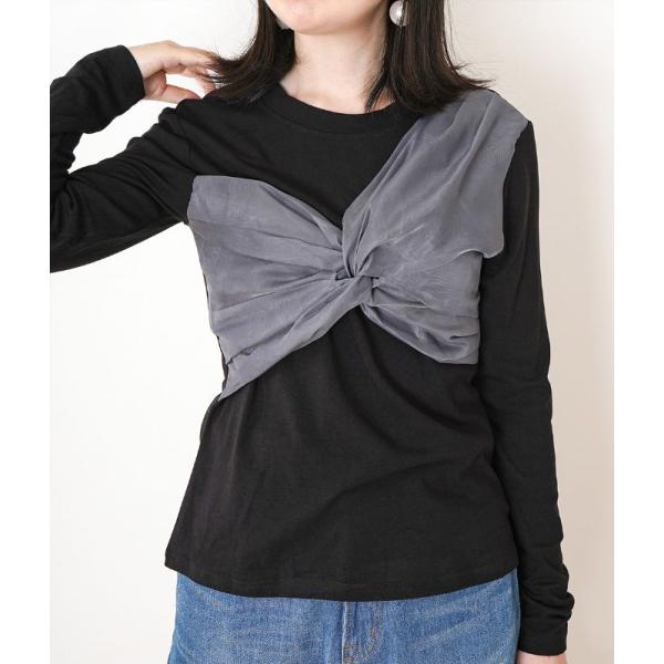 「cawaii french」 トップス カットソー tシャツ 長袖 クルーネック 丸首 リボン アシンメトリー シフォン オーガンジー ブラック グレー 黒 かわいい cawaii