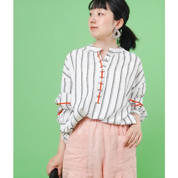 「cawaii french」レディース ファッション トップス ブラウス 長袖 ランタンスリーブ ストライプ柄 リネン かわいい ナチュラル ホワイト kawaii cawaii 服