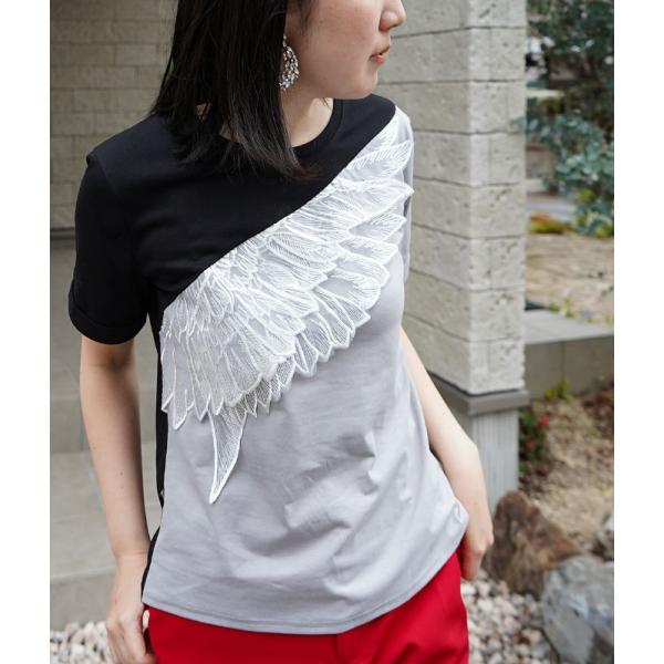 「cawaii french」 トップス カットソー Tシャツ tシャツ 半袖 クルーネック 羽根 オーガンジー レース 刺繍 ブラック グレー 黒 バイカラー cawaii 夏 春 秋