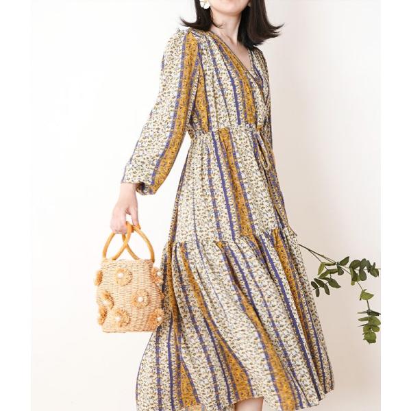 「cawaii french」 ワンピース ドレス レディース ファッション 長袖 ロング丈 ミモレ丈 カシュクール 花柄 フローラル ストライプ イエロー ブルー