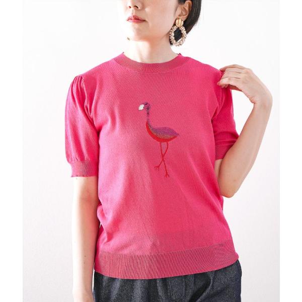 「cawaii french」サマーニット レディース 半袖ニット トップス ニット セーター 半袖 デザインニット フラミンゴ 鳥 スパンコール 刺繍  ピンク ネイビー