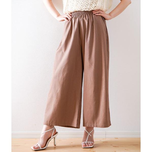 「cawaii french」 リネン混 ワイドパンツ レディース クロップド丈 ウエストゴム 麻混 7分丈 8分丈 リラックスパンツ ゆったり 体型カバー ガウチョパンツ