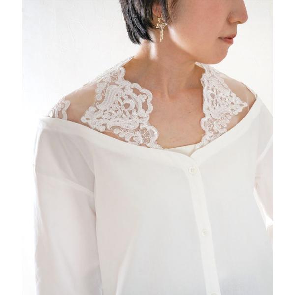 「cawaii french」 レース 切り替え ブラウス レディース 長袖 オーガンジー シアー 花柄 刺繍 シャツ デコルテ 透け感 ゆったり 白トップス