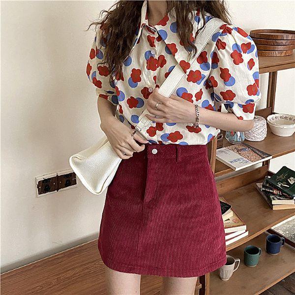 柄シャツ コインドットと丸いお花のパフスリーブシャツ トップス