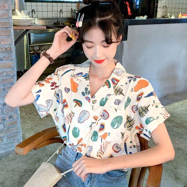 即納あり】 柄シャツ 植物柄 野菜柄 フレンチスリーブ オープンカラー