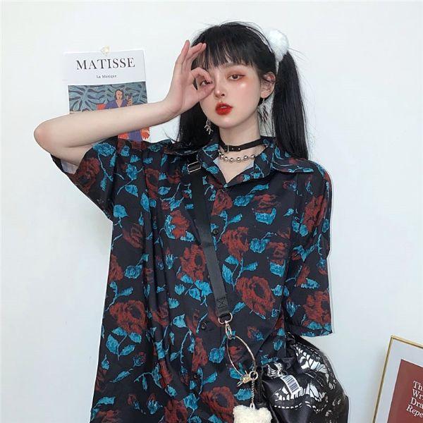 柄シャツ ダーク ローズ 薔薇 ビッグシルエット 半袖 シャツ ダンス  