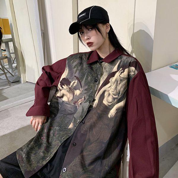 柄シャツ 天使 アート ワインレッド ダークカラー 長袖 シャツ ダンス