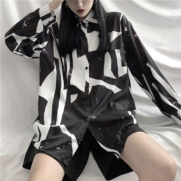 柄シャツ ブラック×ホワイト モノトーン アート 総柄 ビッグシルエット