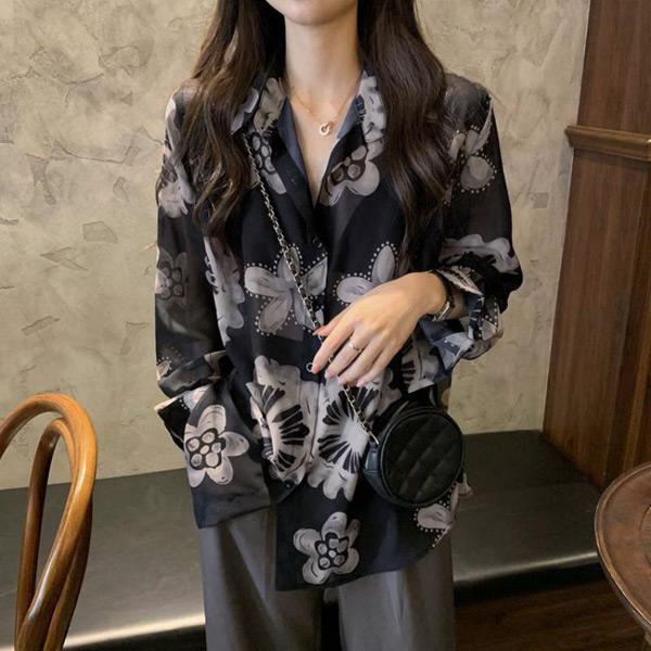 柄シャツ シアーシャツ フラワー アート クラゲ 長袖 シャツ トップス 
