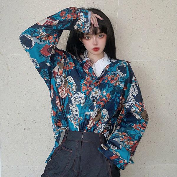 柄シャツ レトロ アート ブルー 長袖 花柄 シャツ ダンス 衣装