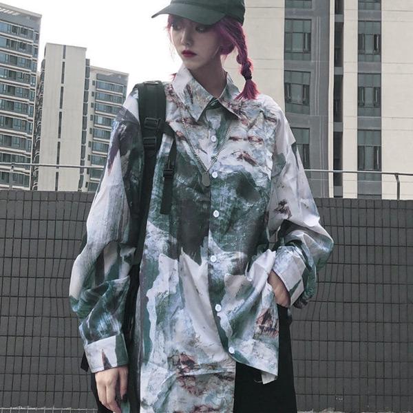 柄シャツ アート アースカラー 総柄 長袖 ビッグシルエット シャツ