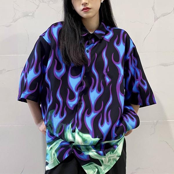 柄シャツ 炎柄 ファイヤー柄 ビッグシルエット 燃える 半袖 シャツ 黒