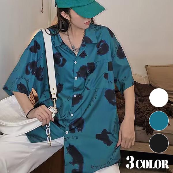 柄シャツ CAT柄 ビッグシルエット 半袖シャツ ネコ柄 猫柄 黒猫 総柄