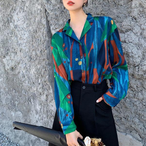 柄シャツ オープンカラーシャツ アート モード ペイント 幾何柄 配色 