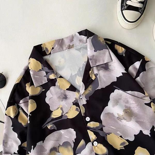 柄シャツ フラワー 花柄 サテン マット オープンカラー