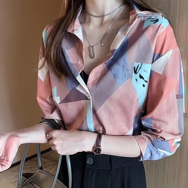 柄シャツ モザイク モザイク柄 足跡 鳥 ピンク ブルー 大理石 長袖 
