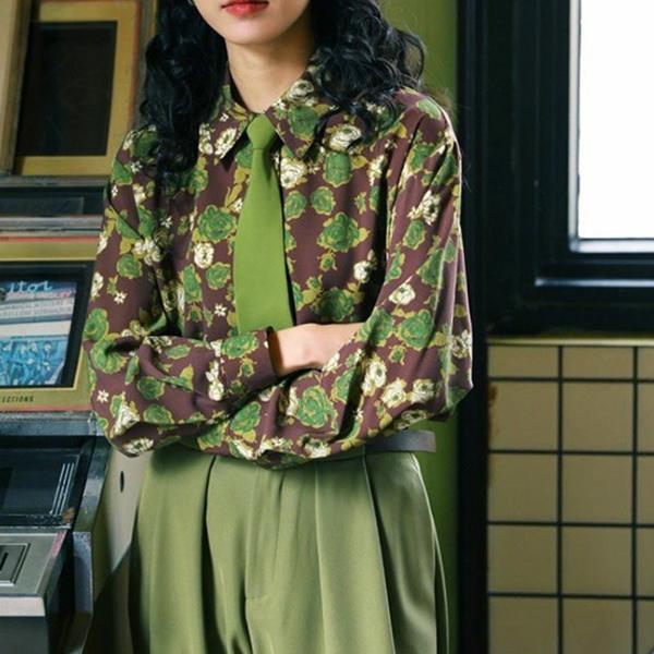 柄シャツ バラ ミニバラ ローズ 薔薇 花柄 フラワー 植物柄 ブラウン