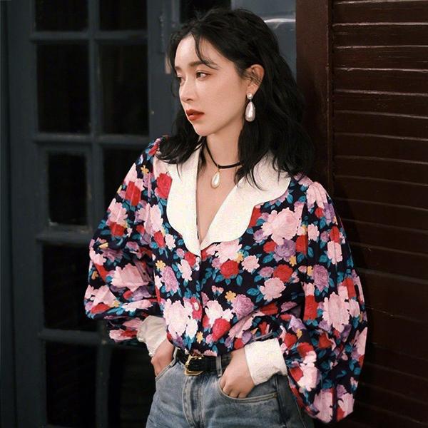 柄シャツ 花柄 花 バラ 薔薇柄 白襟 クレリックカラー パフスリーブ