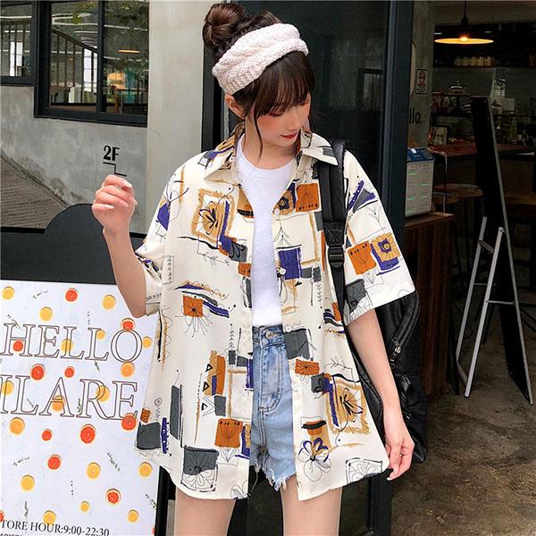 柄シャツ 花柄 幾何柄 レトロポップ ペイント柄 グラフィティ 手書き風 カラーブロック ブラック ベージュ ホワイト 半袖 半袖シャツ オーバーサイズ 衣装 韓国