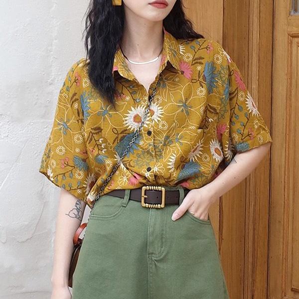 柄シャツ 花柄 フラワー柄 ボタニカル柄 イエロー 黄色 アロハ アロハ