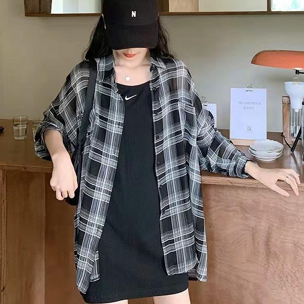 柄シャツ チェック シアー モノトーン 白黒 ワイドシルエット 透け感 シースルー オールシーズン 長袖 長袖シャツ オーバーサイズ 衣装 春服 夏服 秋服 冬服