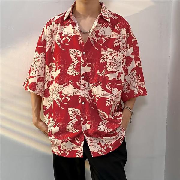 アロハシャツ　柄シャツ　半袖シャツ　ハイビスカス柄　ウクレレ　フリーサイズ　古着 柄シャツ ハイビスカス柄 オープンカラー アロハシャツ 半袖 花