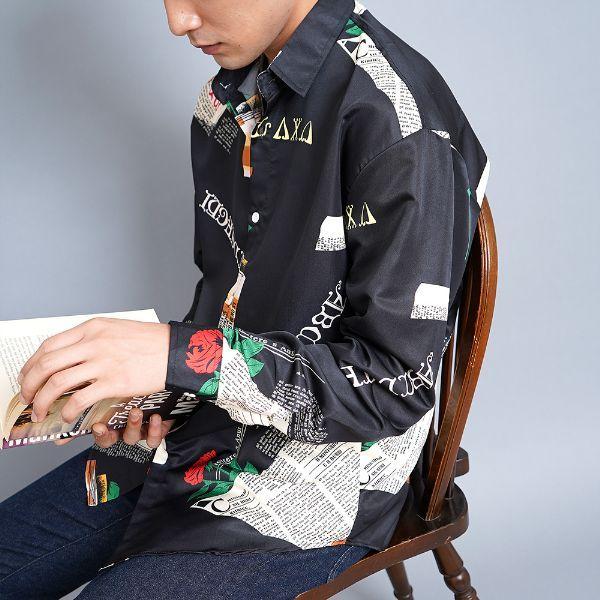 韓国 ネック ボタン デザイン シャツ パーティー ラグジュアリー 柄シャツ バラ 新聞 コラージュ レトロチック 長袖 サテン