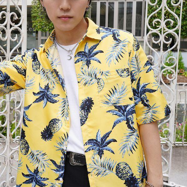 柄シャツ パイナップル柄 イエロー 夏 半袖 シャツ ダンス 衣装 ヒップ