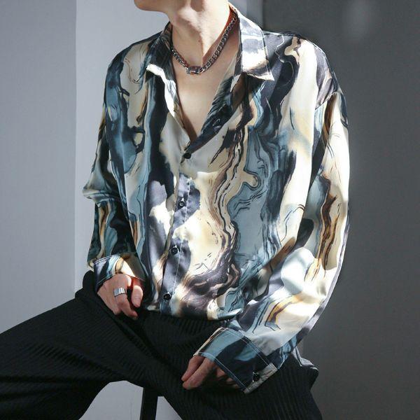 柄シャツ ブルー グラデーション アート 長袖 シャツ ダンス 衣装 