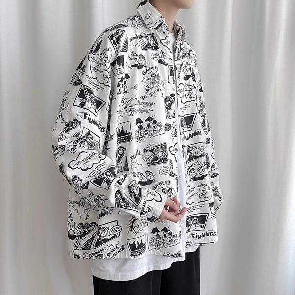 柄シャツ アメコミ風 コミック柄 長袖 白 黒 モノトーン ダンス 衣装