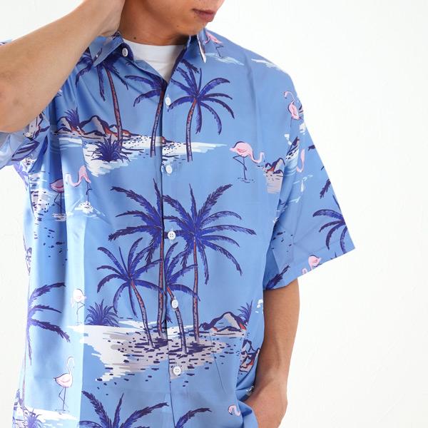 柄シャツ ブルーアロハ 半袖シャツ フラミンゴ柄 ヤシの木 海辺 青色