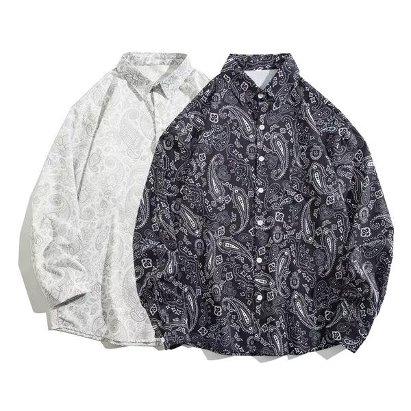 柄シャツ ペイズリー柄 長袖シャツ バンダナ柄 プリント 白 黒 柄シャツ ペイズリー柄 長袖シャツ バンダナ柄 プリント 白 黒