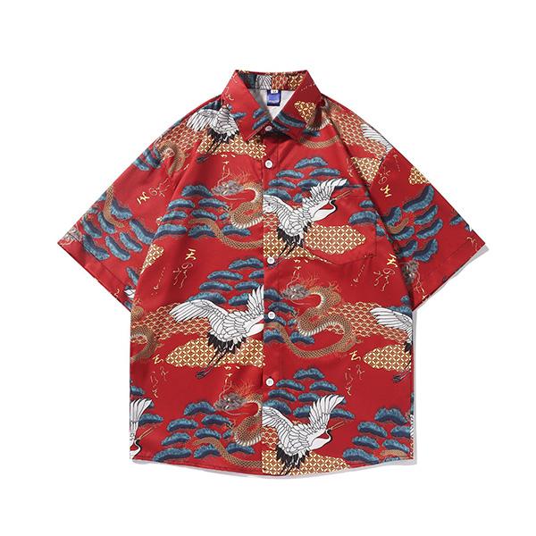 【美品】KAPITAL キャピタル 総柄 半袖シャツ 幾何学 民族柄 赤 S 柄シャツ 和柄 和風 着物 浴衣 はっぴ 鶴 ツル 龍 ドラゴン 松 漢字