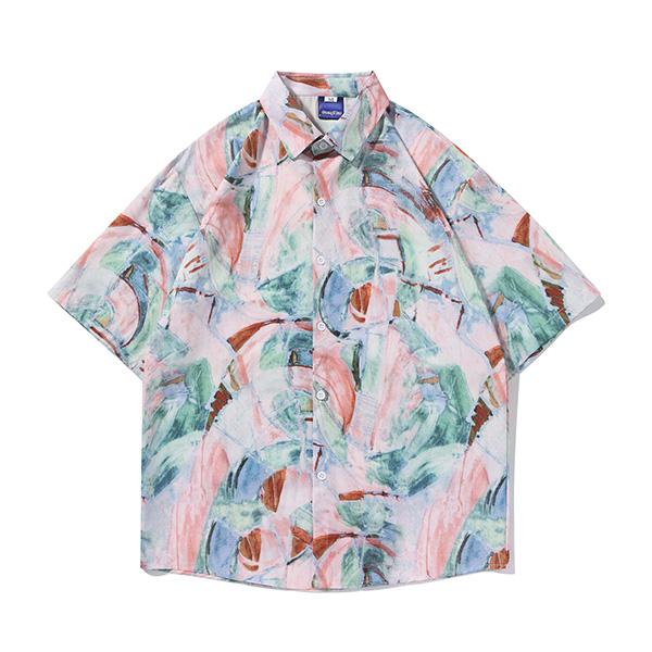 柄シャツ ペイント 絵画 芸術 抽象柄 ピカソ風 油絵 半袖 夏 オーバー  