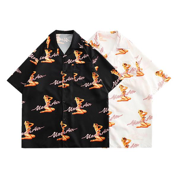 【美品】プラダ　総柄デザイン　コミック柄 ボタン半袖シャツ　文字ロゴ 柄シャツ ピンナップ セクシー ガール ポスター ロゴ 英字 アニメ