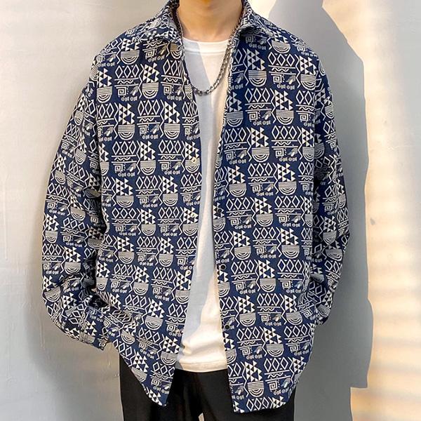 柄シャツ ジャカード デニム風 象形文字 トライバル 民族調 幾何柄 青