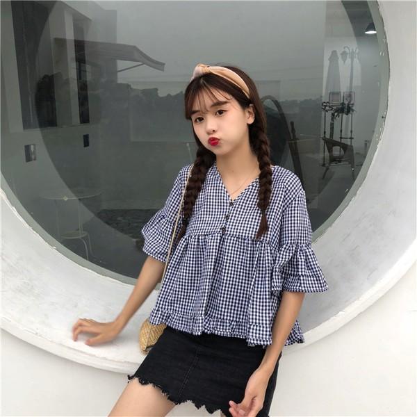 即納あり チュニック ワンピース フリル袖 チェック柄 五分袖 レディース ファッション 大きいサイズ 青文字系 古着系 古着ミックス ナチュラル Y2a048 原宿系ダンスウェアdecorative 通販 Yahoo ショッピング